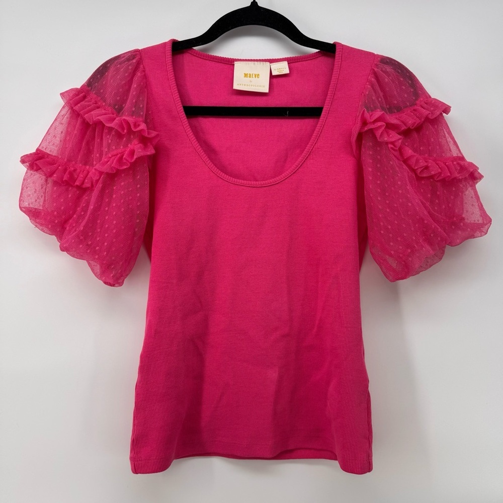 Anthropologie Maeve Ruffle Pink Top Womens XS Scoop Neck Puff Sleeves Blouse